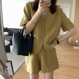 Set: Short-sleeve Button Blouse + Shorts