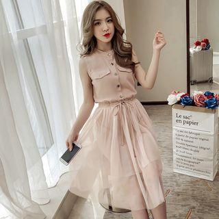 Set: Plain Sleeveless Dress + Midi Mesh Skirt
