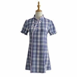 Stand Collar Frog-button Plaid Sheath Dress