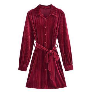 Corduroy Tie-waist Mini Shirt Dress