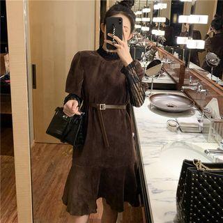 Long-sleeve Lace Top / Elbow-sleeve Plain Dress