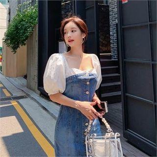 Inset Off Shoulder Top Button-front Denim Dress Blue - One Size