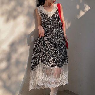Sleeveless Lace Trim Floral Maxi A-line Dress White Floral - Black - One Size