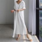 3/4-sleeve Side-slit Midi Shift Dress