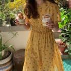 Floral Short-sleeve Midi A-line Dress Yellow - One Size