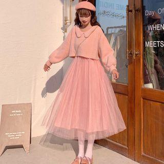 Set: Lantern-sleeve Sweater + Mesh Midi A-line Skirt + Crossbody Bag
