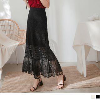High-waist Ruffle Hem Lace Maxi Skirt