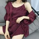 Set: Spaghetti Strap Top + Ruffle-trim Wide-leg Shorts + 3/4-sleeve Light Jacket