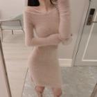 Off-shoulder Furry Knit Sheath Dress