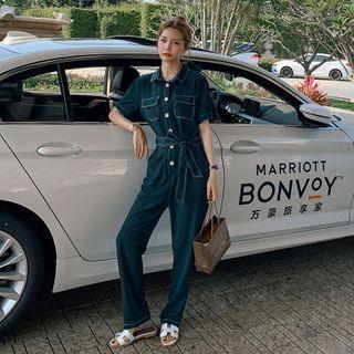Contrast Stitching Short-sleeve Straight-cut Jumpsuit