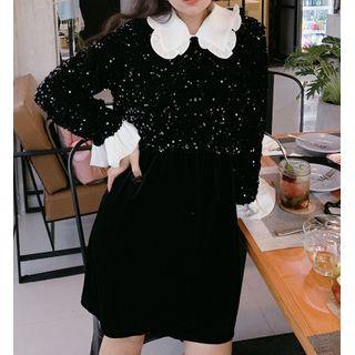 Contrast Trim Sequined Panel Velvet A-line Dress