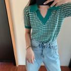 Short-sleeve Contrast Trim Patterned Knit Top Green - One Size