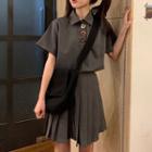 Set: Buttoned Short-sleeve Shirt + Pleated Skirt Gray - One Size
