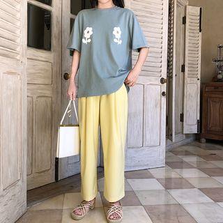Short-sleeve Flower Print T-shirt / Wide-leg Pants