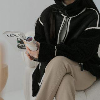 Contrast-trim Lapel Oversize Biker Jacket