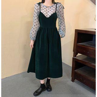 Balloon-sleeve Dotted Mesh Top / Midi A-line Overall Dress