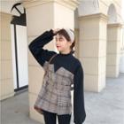 Plaid Panel Mock-neck Pullover With Belt