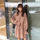 Bell-sleeve Plaid Shirt Dress Red - One Size