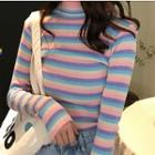 Mock-neck Rainbow Stripe Knit Top Rainbow - One Size