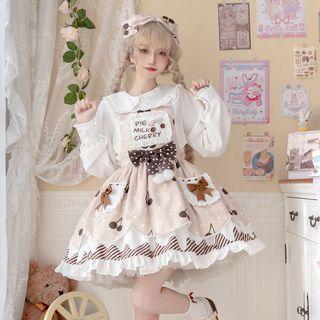 Collar Blouse / Cherry Print Ribbon A-line Overall Dress