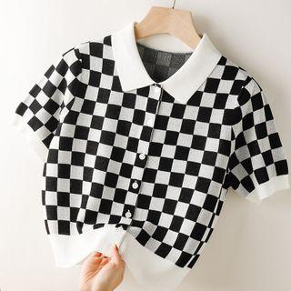 Short-sleeve Collar Checkered Knit Top