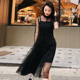 Set: Long-sleeve A-line Midi Dress + Slipdress