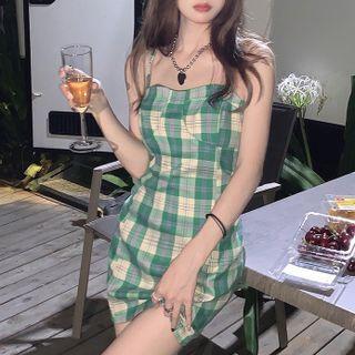 Spaghetti Strap Plaid Mini Sheath Dress Green - One Size