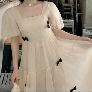 Puff-sleeve Ribbon Mesh Midi A-line Dress