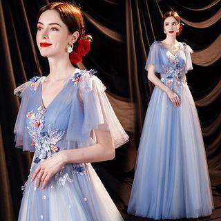 Short-sleeve V-neck Embroidered Mesh A-line Evening Gown