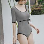Striped Bow Detail Elbow-sleeve Swimsuit