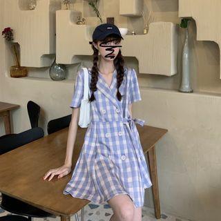 Short-sleeve Double-breasted Gingham A-line Dress Plaid - Light Blue & White - One Size