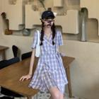 Short-sleeve Double-breasted Gingham A-line Dress Plaid - Light Blue & White - One Size