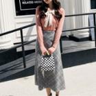 Set: Long-sleeve Tie-neck Knit Top + Plaid Midi A-line Dress