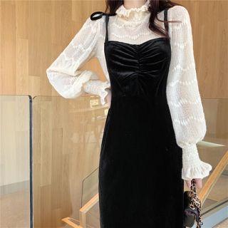Long-sleeve Pointelle Knit Top / Midi Overall Dress