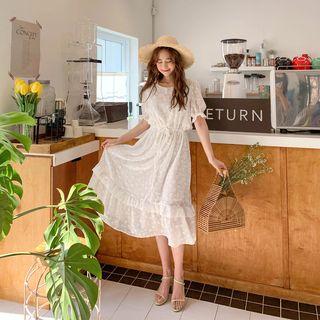 Puff-shoulder Lace Long Dress