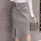Bow Accent Midi Knit Straight-fit Skirt