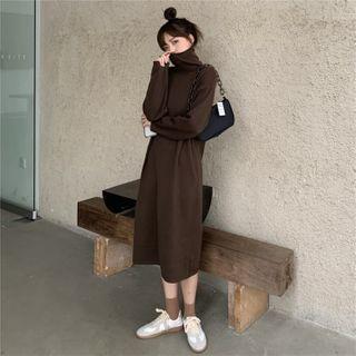 Mock-neck Plain A-line Dress