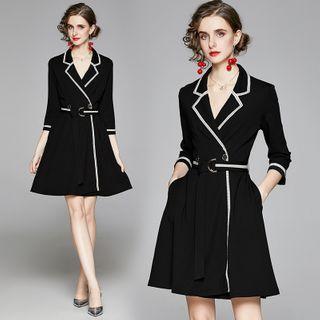 Contrast Trim Belted A-line Blazer Dress