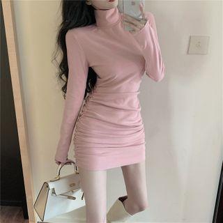 Stand Collar Drawstring Brushed Mini Dress