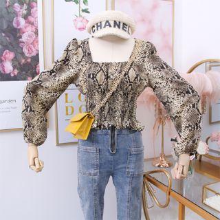 Snake / Leopard-print Smocked Crop Blouse