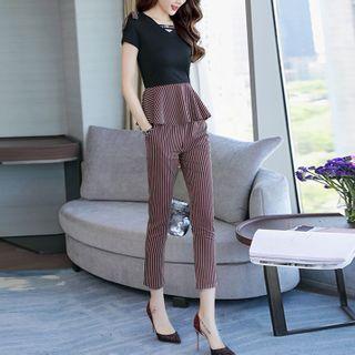 Set: Short-sleeve Top + Striped Dress Pants