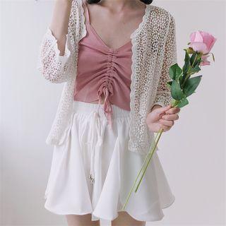 Lace Cardigan / Drawstring Camisole / Wide Leg Shorts