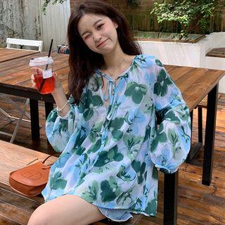 Printed Sheer Long Sleeve Top Green - One Size