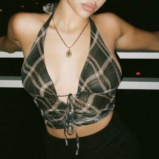 Halter-neck Plaid Crop Top