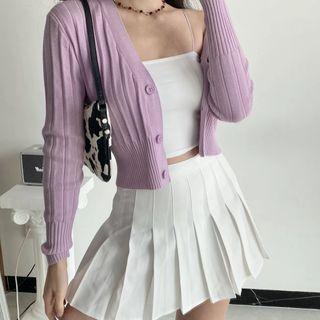 Cropped V-neck Long-sleeve Pinstripe Cardigan