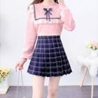 Set: Lace Ruffle Sweater + Plaid A-line Skirt