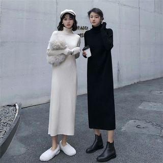 Turtleneck Maxi Sheath Rib Knit Dress