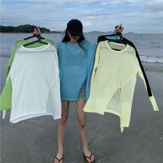 Long-sleeve Slit-hem Sheer Knit Top