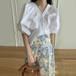 Puff Sleeve Blouse / Midi A-line Skirt