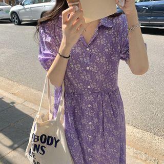 Floral Puff-sleeve Shirtdress Purple - One Size